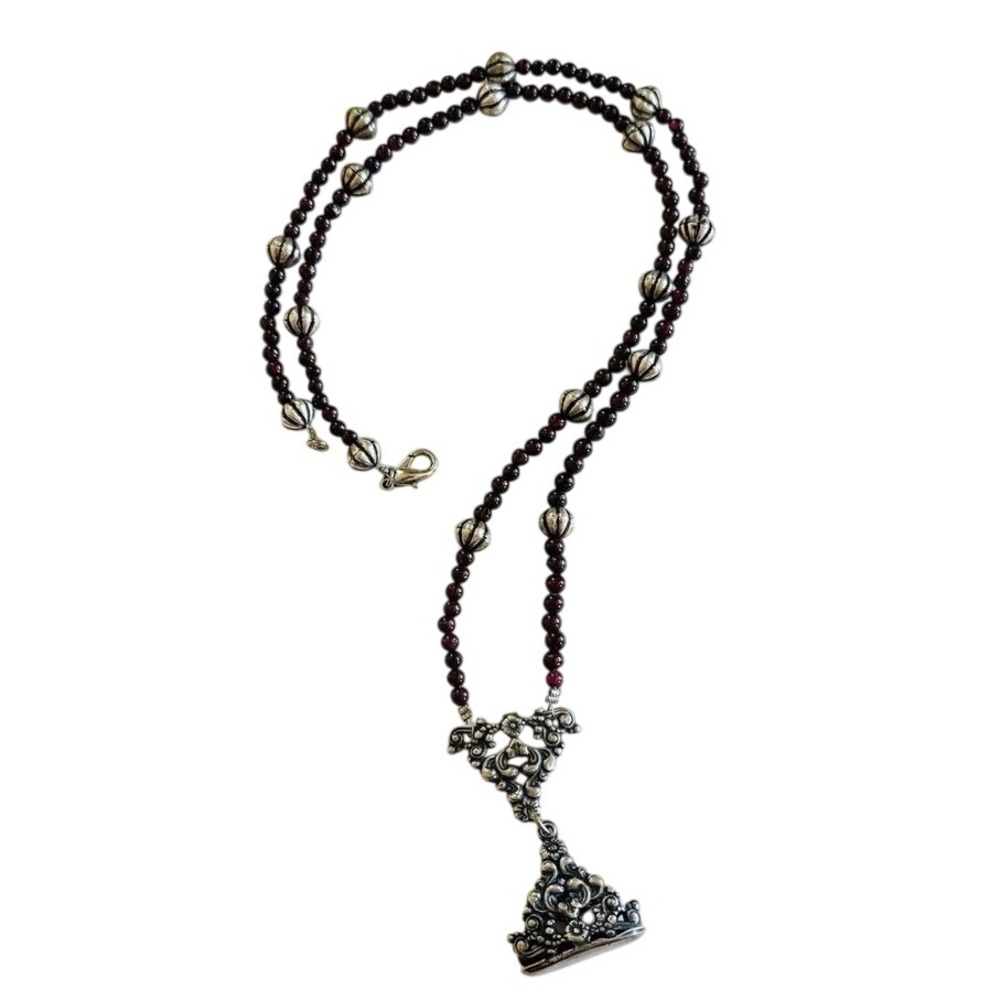 VTG Victorian revival Garnet Stone Necklace Sterling Silver 925 Metal FOB Ornate